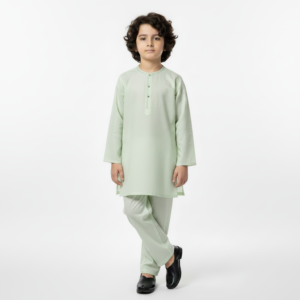Boys Green Paper Cotton Kurta Shalwar - Lightweight Traditional Outfit for & Boys 1-4 Years
