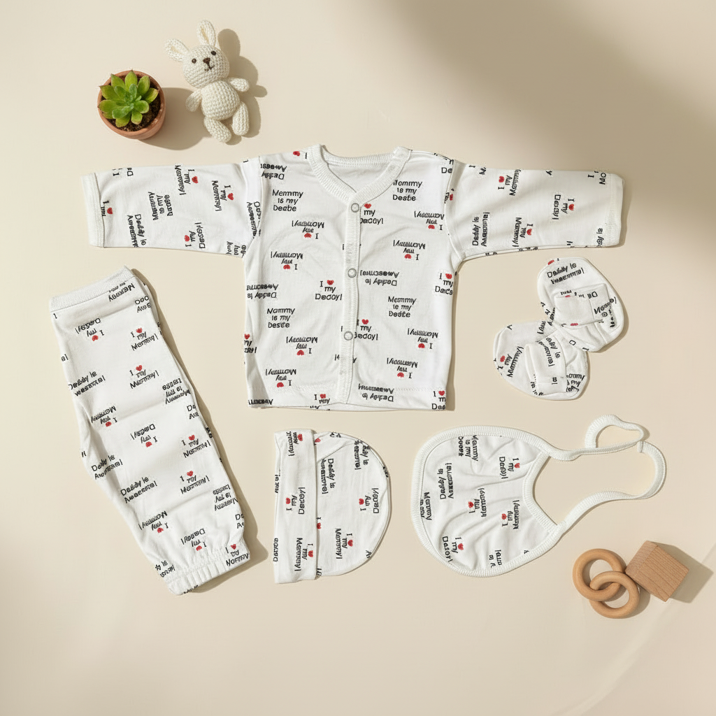 Baby clothing set with printed text on a beige background