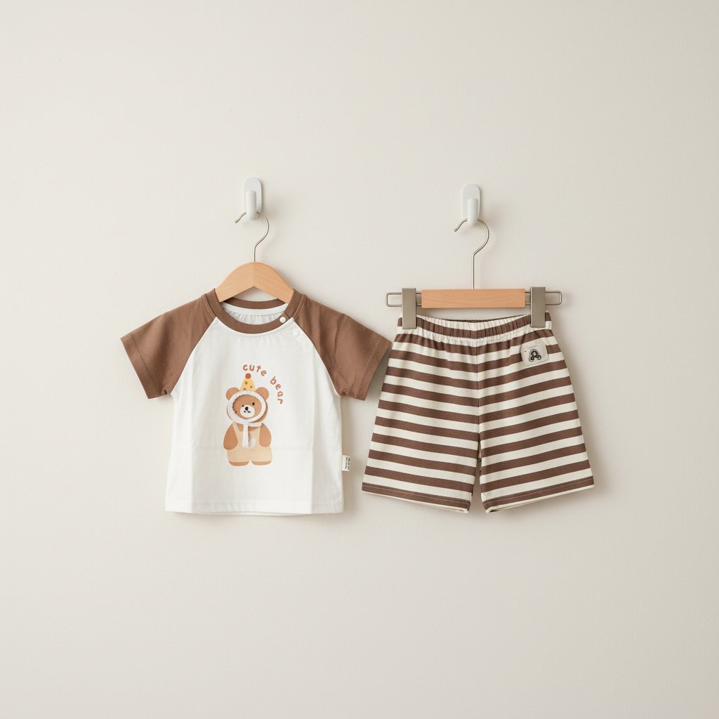 Baby Boys Bear 2-Piece Set - Cute Bear Printed Shirt & Shorts in Gray & Brown 9-24 Months