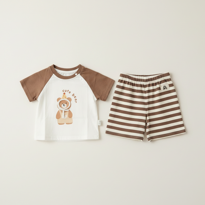 Baby Boys Bear 2-Piece Set - Cute Bear Printed Shirt & Shorts in Gray & Brown 9-24 Months