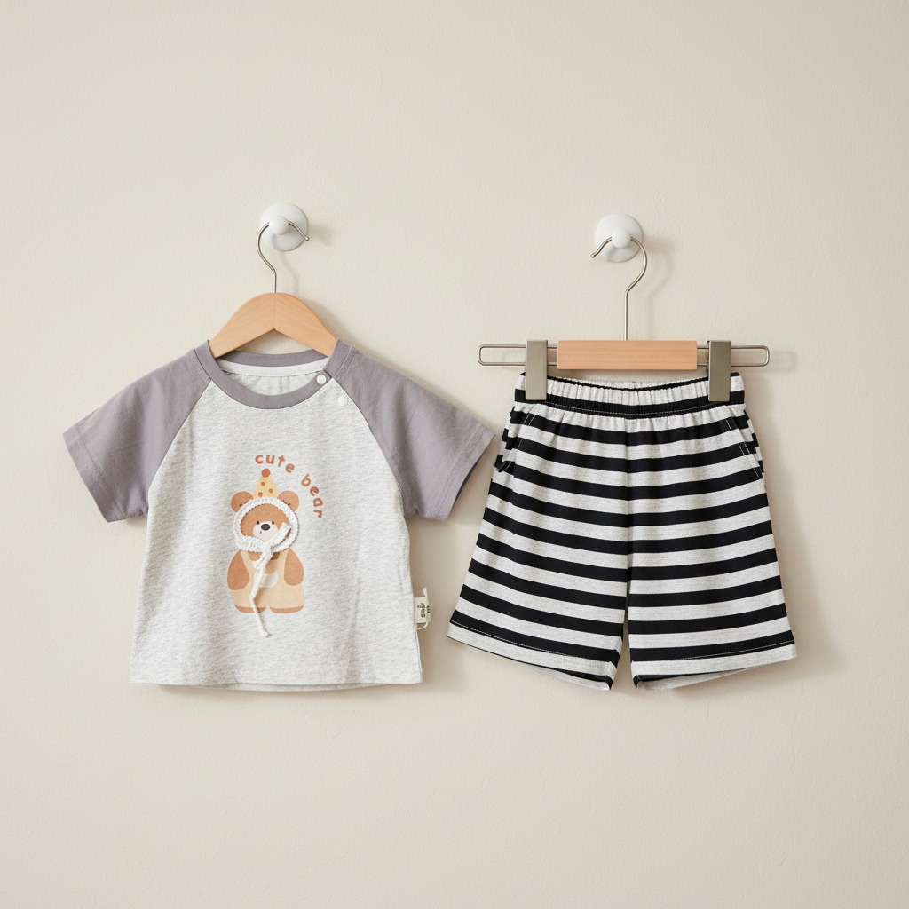 Baby Boys Bear 2-Piece Set - Cute Bear Printed Shirt & Shorts in Gray & Brown 9-24 Months