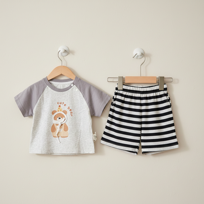 Baby Boys Bear 2-Piece Set - Cute Bear Printed Shirt & Shorts in Gray & Brown 9-24 Months