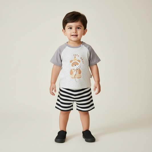 Baby Boys Bear 2-Piece Set - Cute Bear Printed Shirt & Shorts in Gray & Brown 9-24 Months