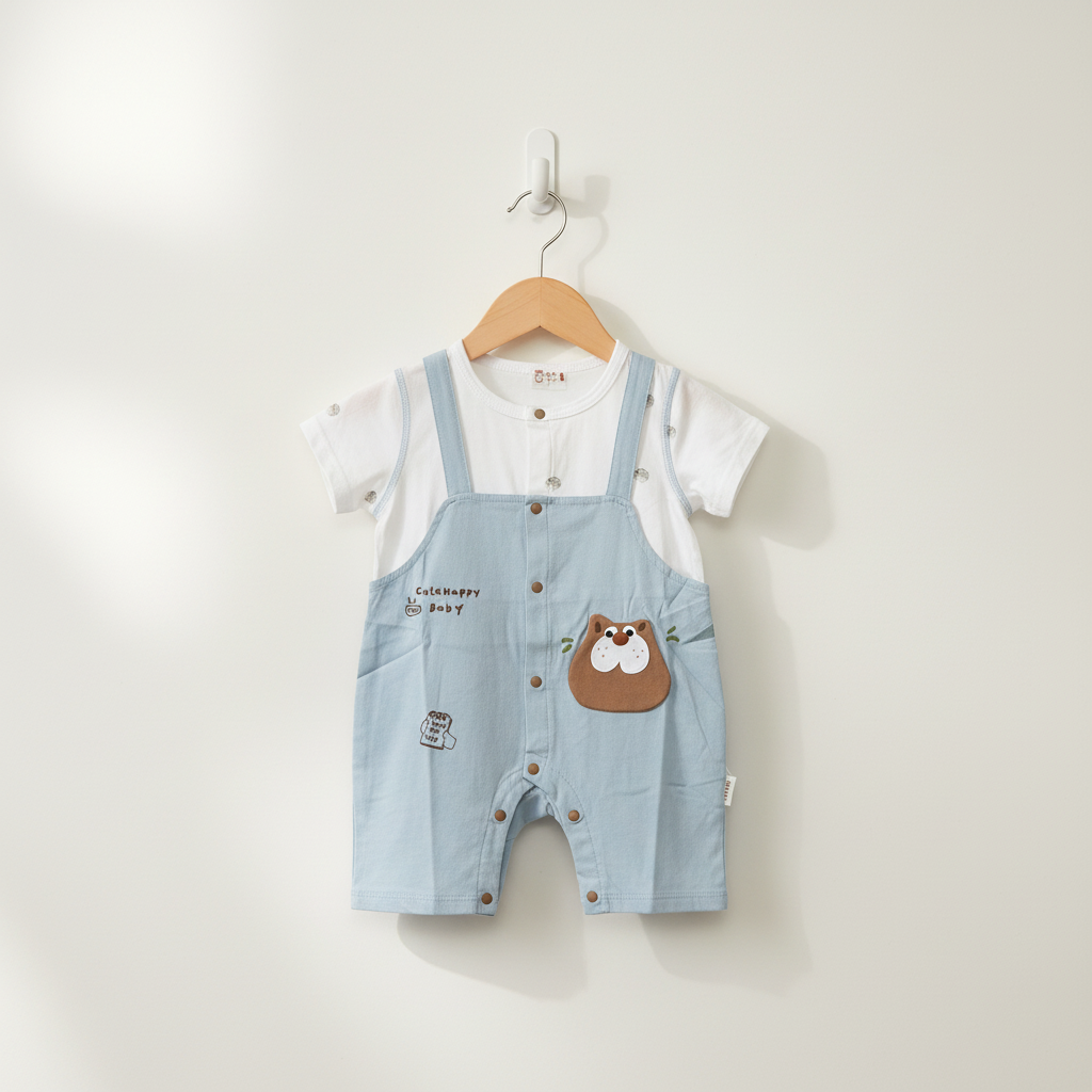 Baby Romper - Happy Baby Printed Bodysuit in Olive & Light Blue 6-18 Months