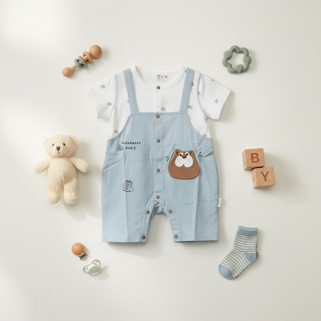Baby Romper - Happy Baby Printed Bodysuit in Olive & Light Blue 6-18 Months