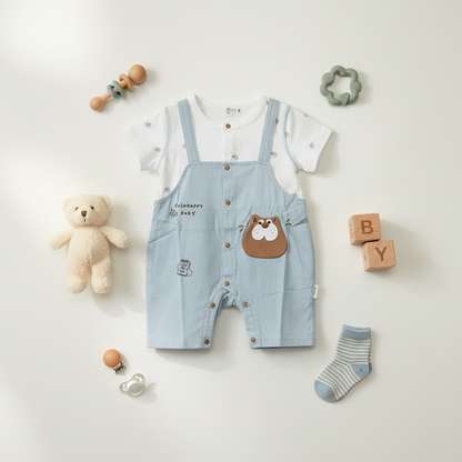 Baby Romper - Happy Baby Printed Bodysuit in Olive & Light Blue 6-18 Months