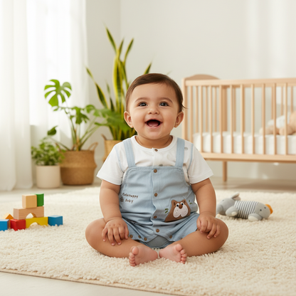 Baby Romper - Happy Baby Printed Bodysuit in Olive & Light Blue 6-18 Months