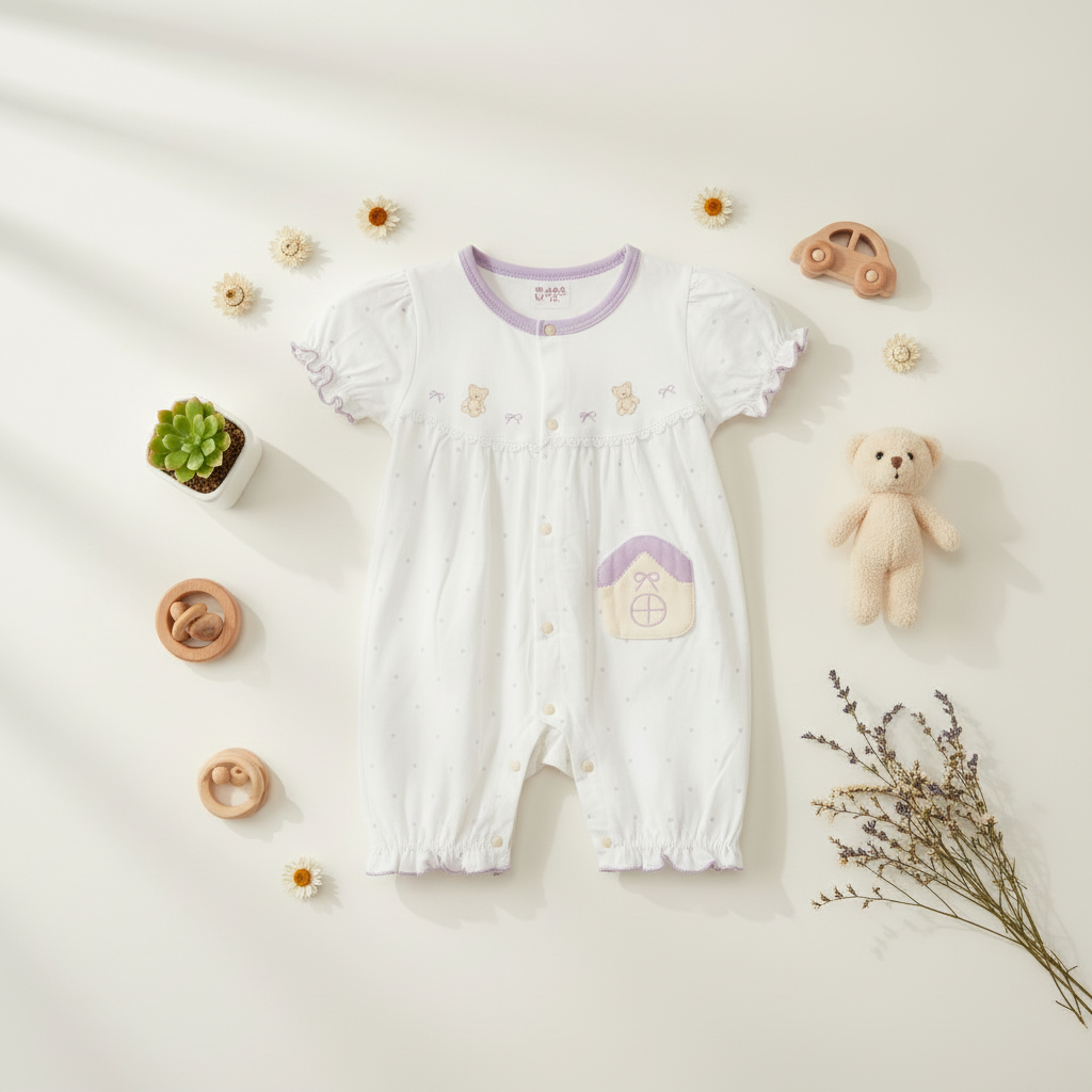 Baby Girl Romper - Square Check Printed Bodysuit in Pink & Purple 6-18 Months