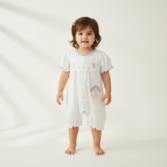 Baby Girl Romper - Square Check Printed Bodysuit in Pink & Purple 6-18 Months