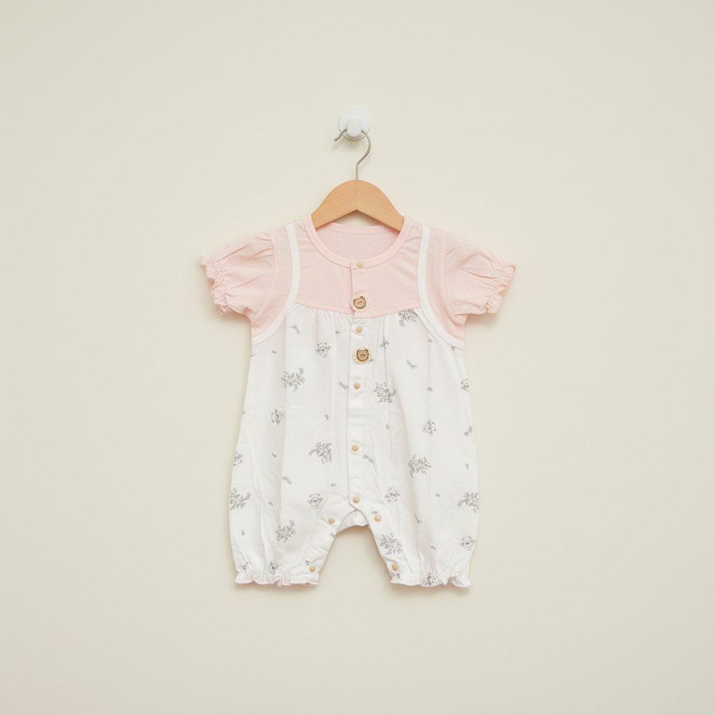 Baby Girl Romper - Cute Rabbit Printed Bodysuit in Olive, Cream & Pink 6-18 Months