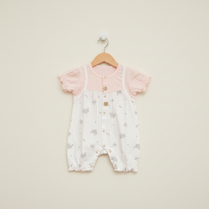 Baby Girl Romper - Cute Rabbit Printed Bodysuit in Olive, Cream & Pink 6-18 Months