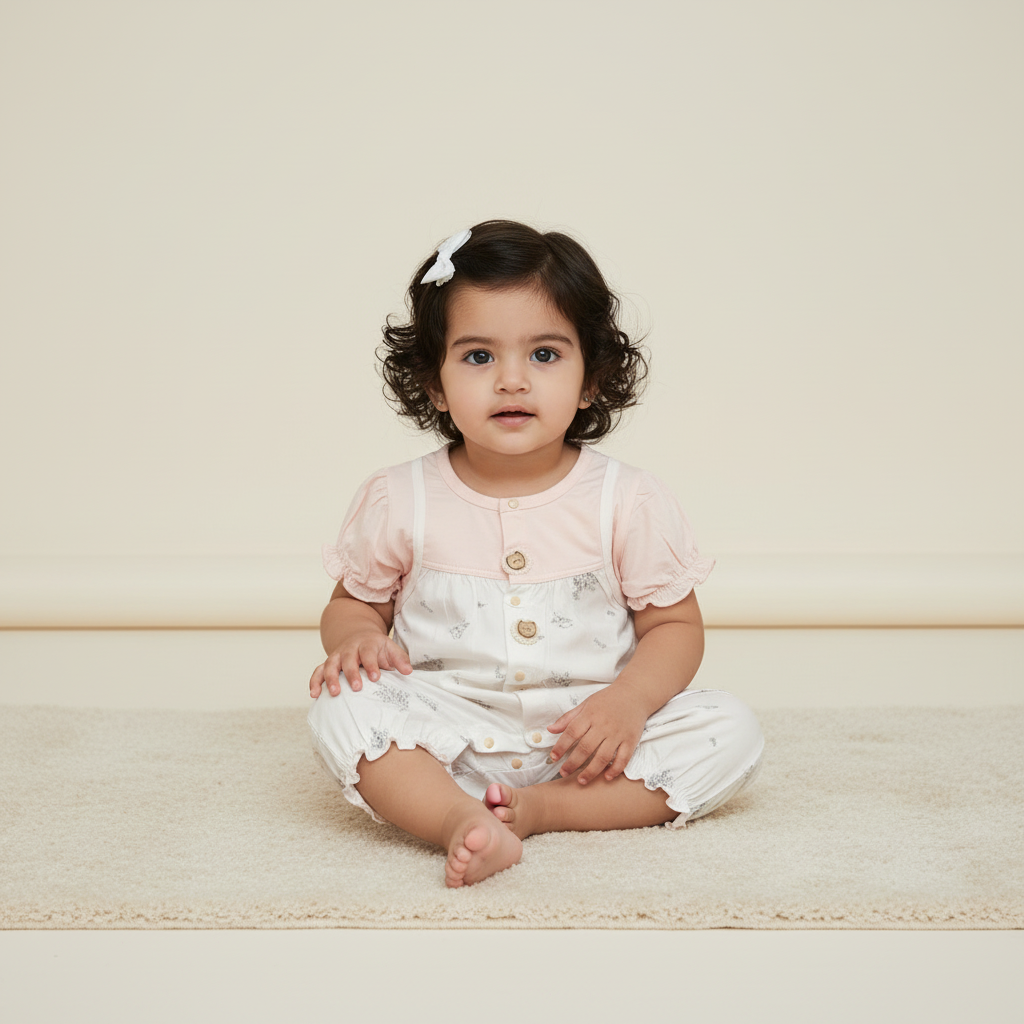 Baby Girl Romper - Cute Rabbit Printed Bodysuit in Olive, Cream & Pink 6-18 Months