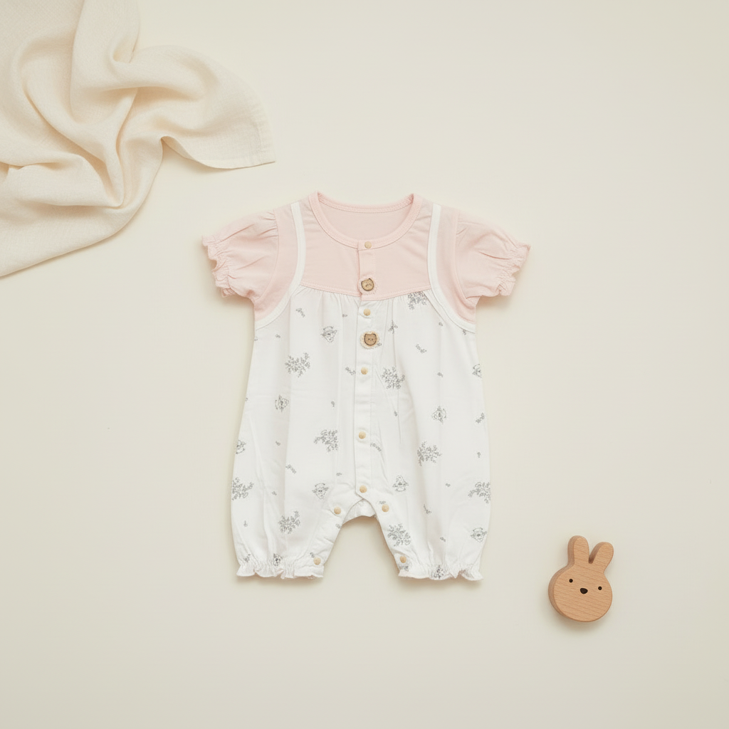 Baby Girl Romper - Cute Rabbit Printed Bodysuit in Olive, Cream & Pink 6-18 Months