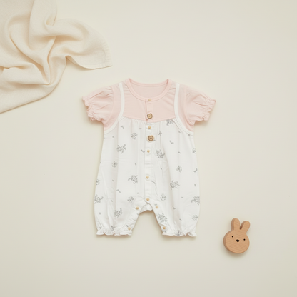 Baby Girl Romper - Cute Rabbit Printed Bodysuit in Olive, Cream & Pink 6-18 Months