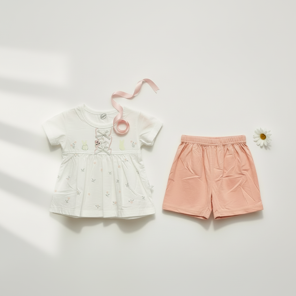 Baby Girls Pink Frock & Shorts Set - Adorable Printed Frock with Shorts for Infant Girls 6-18 Months