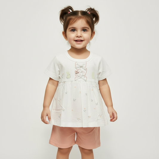 Baby Girls Pink Frock & Shorts Set - Adorable Printed Frock with Shorts for Infant Girls 6-18 Months