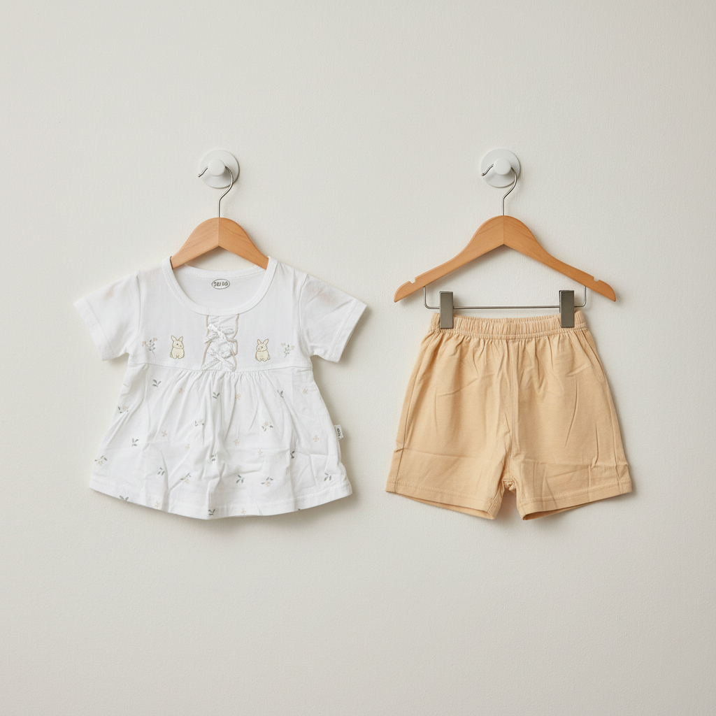 Baby Girls Cream Frock & Shorts Set - Adorable Printed Frock with Shorts for Infant Girls 6-18 Months
