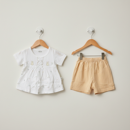 Baby Girls Cream Frock & Shorts Set - Adorable Printed Frock with Shorts for Infant Girls 6-18 Months