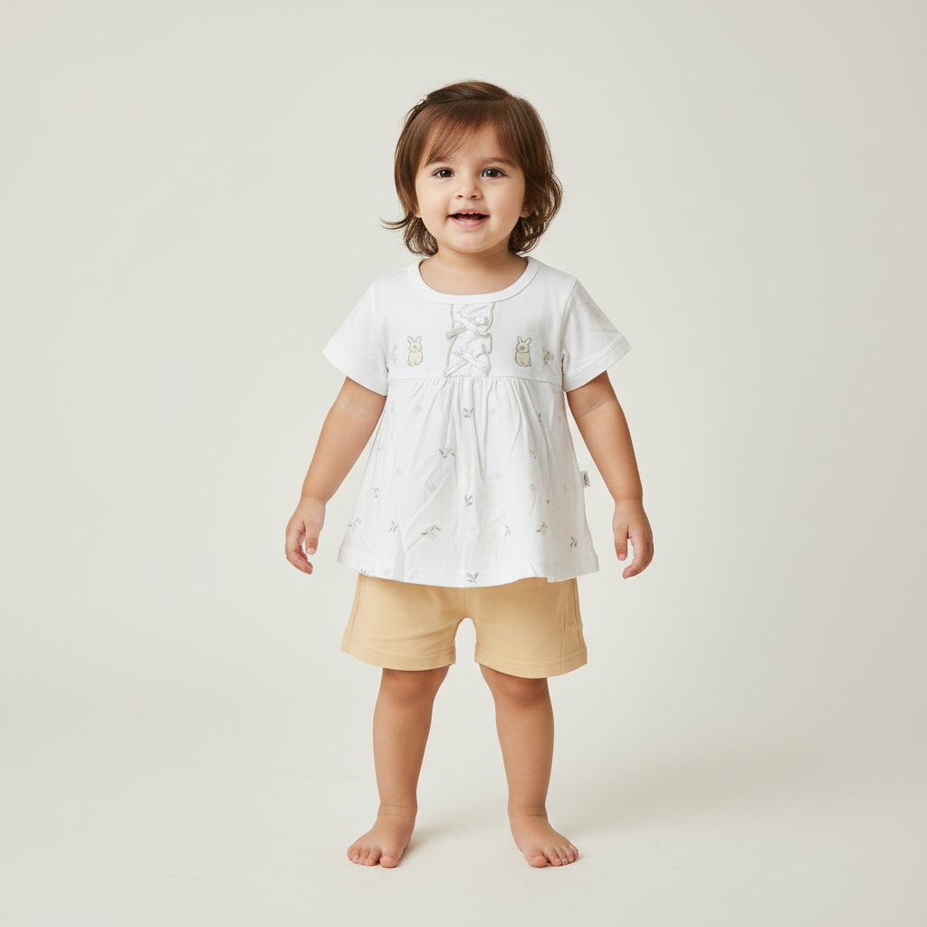 Baby Girls Cream Frock & Shorts Set - Adorable Printed Frock with Shorts for Infant Girls 6-18 Months
