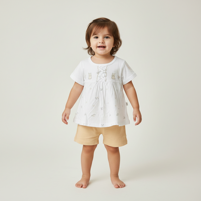 Baby Girls Cream Frock & Shorts Set - Adorable Printed Frock with Shorts for Infant Girls 6-18 Months