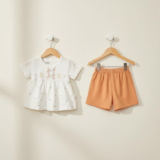 Baby Girls Peach Frock & Shorts Set - Adorable Printed Frock with Shorts for Infant Girls 6-18 Months