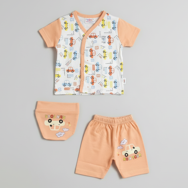 Newborn Baby 3-Piece Set - Colourful Printed Shirt, Shorts & Cap | 0-9 Months