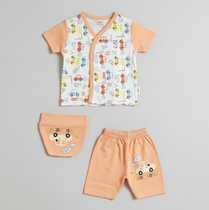 Newborn Baby 3-Piece Set - Colourful Printed Shirt, Shorts & Cap | 0-9 Months