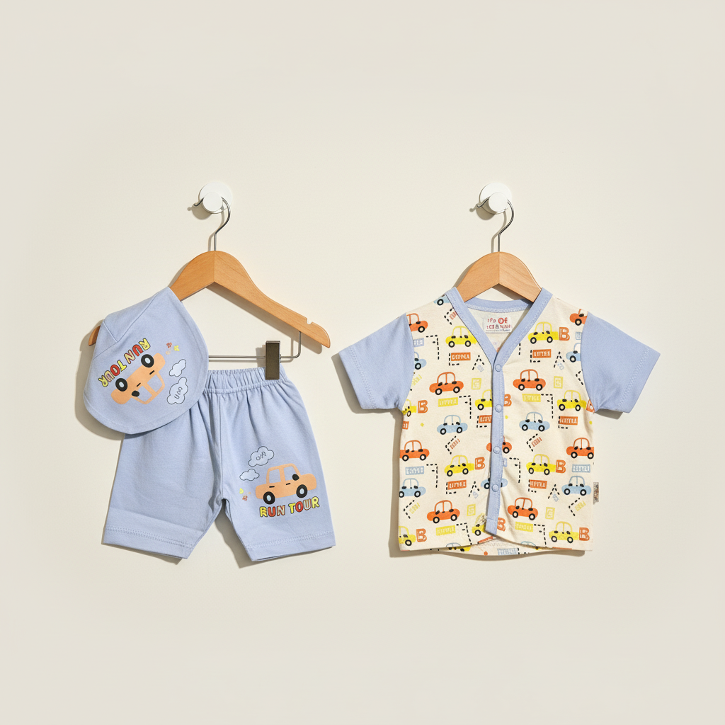 Newborn Baby 3-Piece Set - Colourful Printed Shirt, Shorts & Cap | 0-9 Months