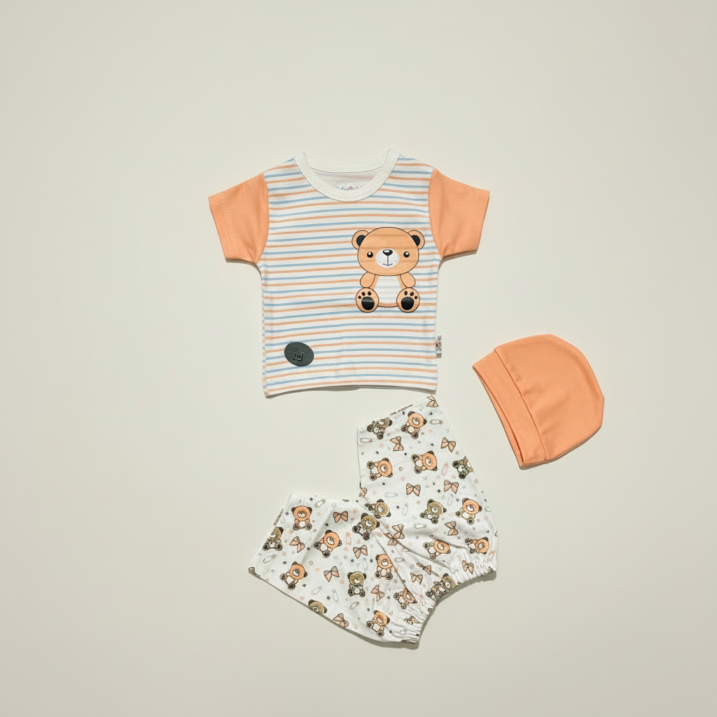 Newborn Baby 3-Piece Striped Set - Classic Striped Shirt, Shorts & Accessory in Peach & Yellow 0-9 Months