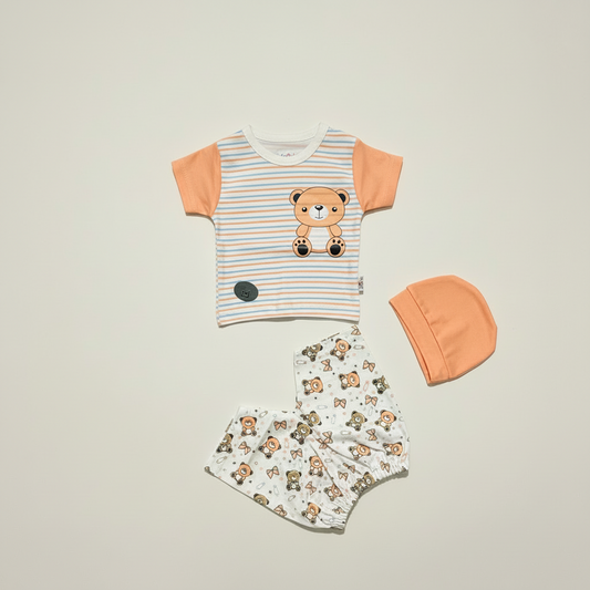 Newborn Baby 3-Piece Striped Set - Classic Striped Shirt, Shorts & Accessory in Peach & Yellow 0-9 Months