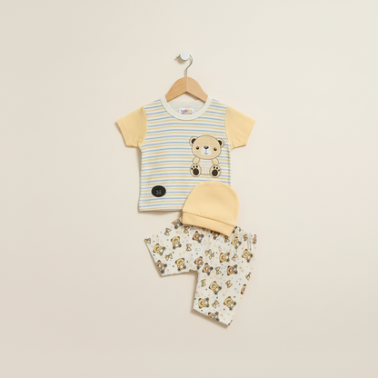 Newborn Baby 3-Piece Striped Set - Classic Striped Shirt, Shorts & Accessory in Peach & Yellow 0-9 Months