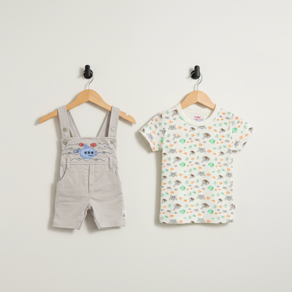Newborn Baby 2-Piece Set - Vibrant Printed Shirt & Shorts in Gray, Peach & Yellow 0-9 Months