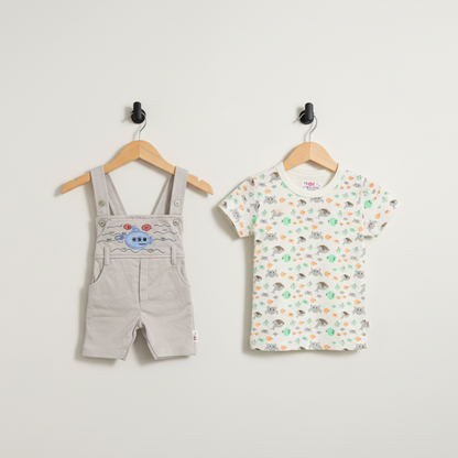 Newborn Baby 2-Piece Set - Vibrant Printed Shirt & Shorts in Gray, Peach & Yellow 0-9 Months