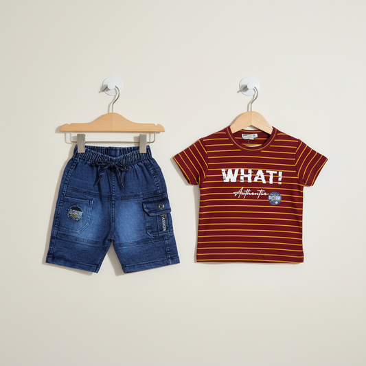 Baby Boys Striped Shirt & Denim Shorts Set - 3 Colours for Infants 3-9 Months