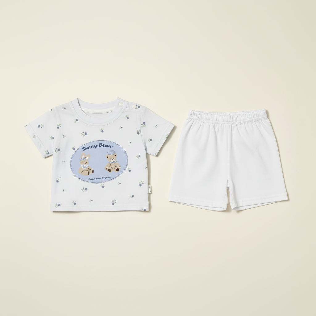 Baby Boys Blue 2-Piece Set - Bunny & Bear Printed Shirt & Shorts for Infants 6-18 Months