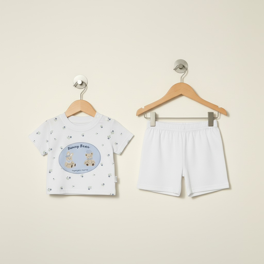 Baby Boys Blue 2-Piece Set - Bunny & Bear Printed Shirt & Shorts for Infants 6-18 Months