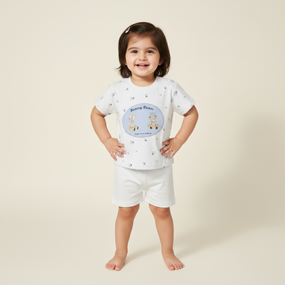 Baby Boys Blue 2-Piece Set - Bunny & Bear Printed Shirt & Shorts for Infants 6-18 Months