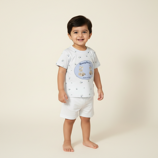 Baby Boys Blue 2-Piece Set - Bunny & Bear Printed Shirt & Shorts for Infants 6-18 Months