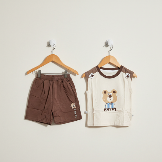 Boys Panda Sando & Shorts Set - Sleeveless Vest & Shorts in Brown & Navy 12M-4Y
