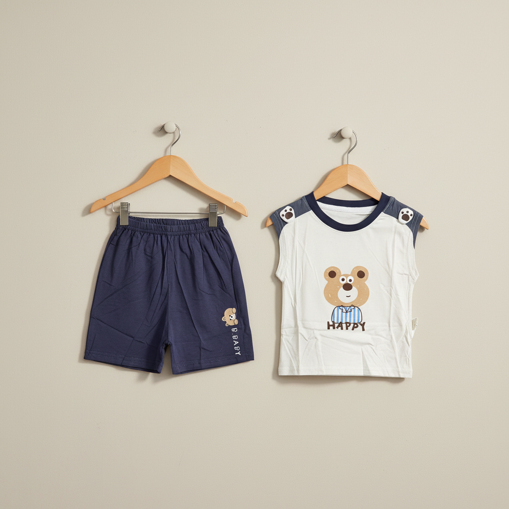 Boys Panda Sando & Shorts Set - Sleeveless Vest & Shorts in Brown & Navy 12M-4Y