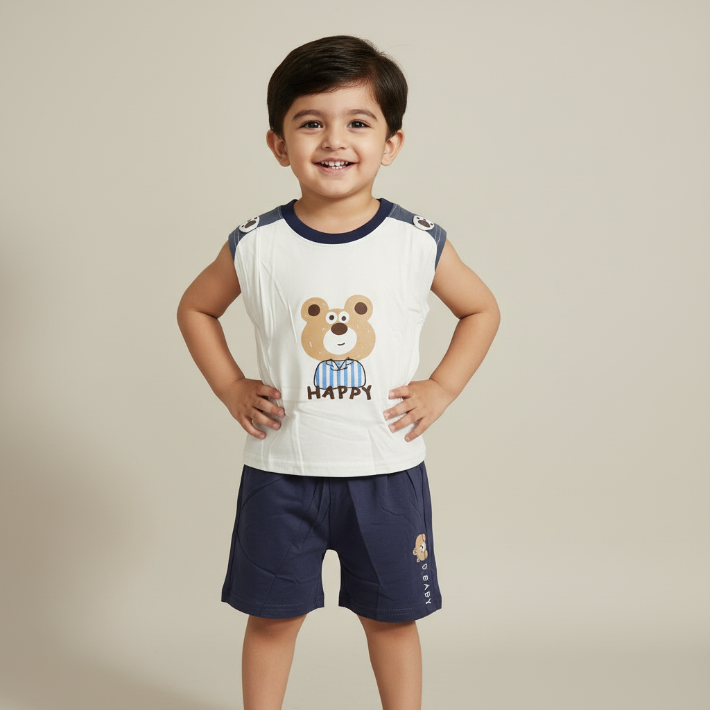 Boys Panda Sando & Shorts Set - Sleeveless Vest & Shorts in Brown & Navy 12M-4Y
