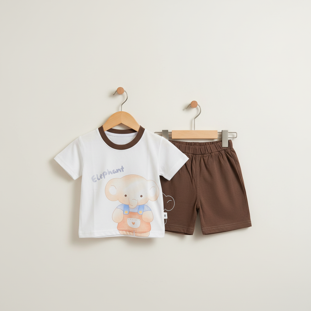 Boys Elephant 2-Piece Set - Printed Shirt & Shorts in Light Blue & Brown 12M-4Y