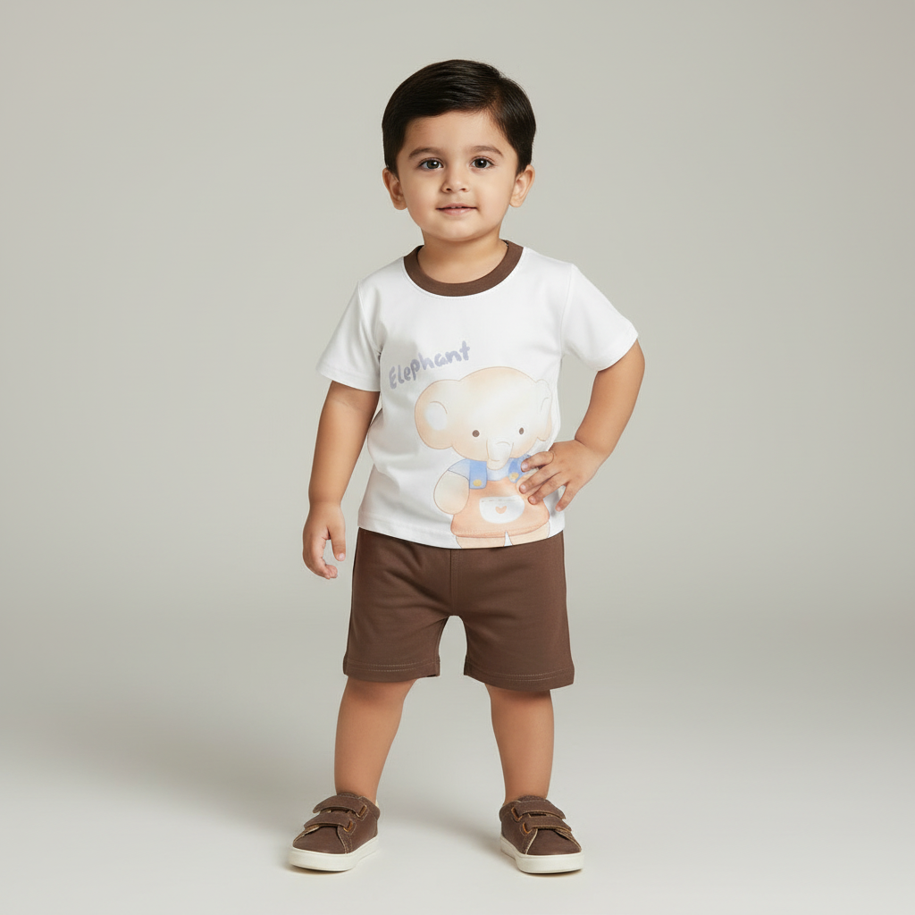 Boys Elephant 2-Piece Set - Printed Shirt & Shorts in Light Blue & Brown 12M-4Y