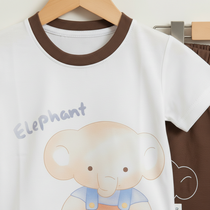 Boys Elephant 2-Piece Set - Printed Shirt & Shorts in Light Blue & Brown 12M-4Y