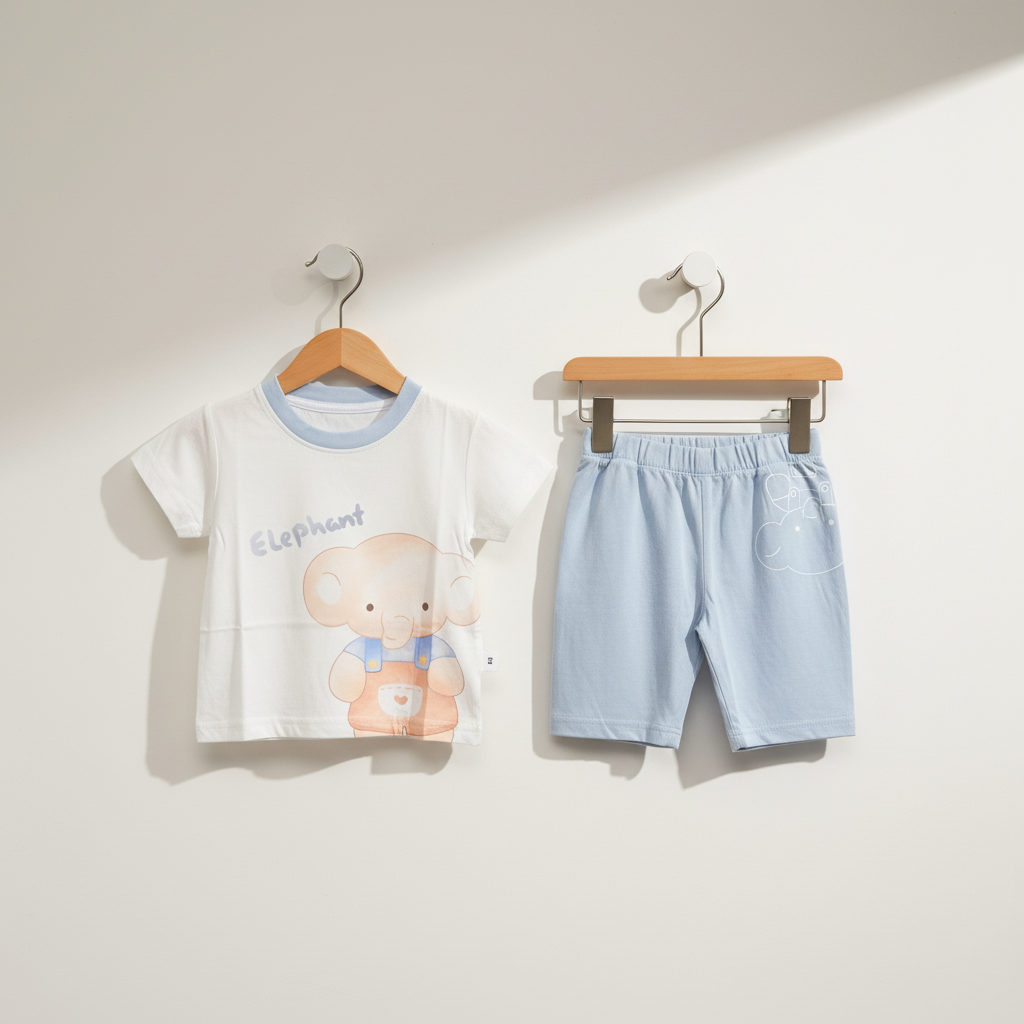 Boys Elephant 2-Piece Set - Printed Shirt & Shorts in Light Blue & Brown 12M-4Y