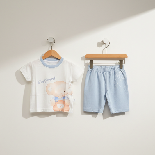 Boys Elephant 2-Piece Set - Printed Shirt & Shorts in Light Blue & Brown 12M-4Y
