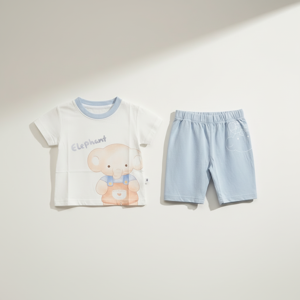 Boys Elephant 2-Piece Set - Printed Shirt & Shorts in Light Blue & Brown 12M-4Y