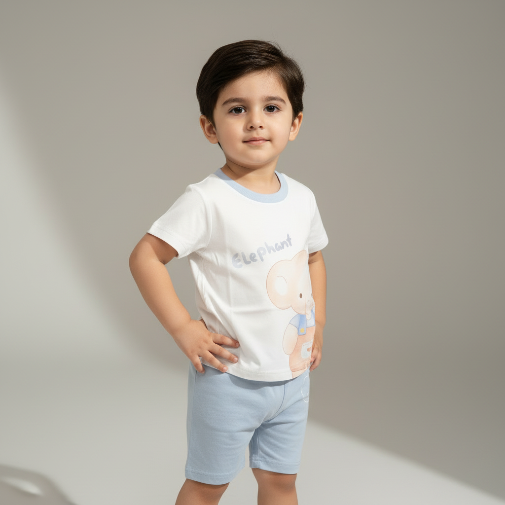 Boys Elephant 2-Piece Set - Printed Shirt & Shorts in Light Blue & Brown 12M-4Y