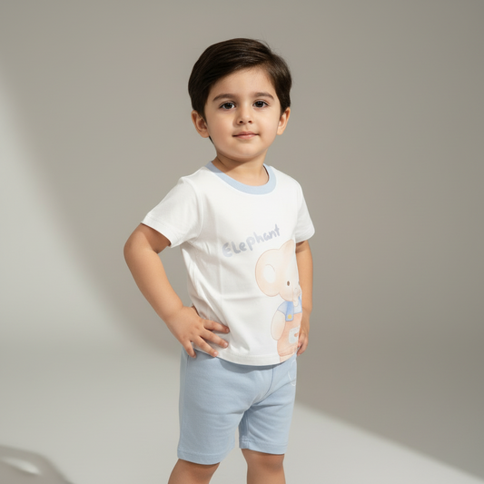 Boys Elephant 2-Piece Set - Printed Shirt & Shorts in Light Blue & Brown 12M-4Y