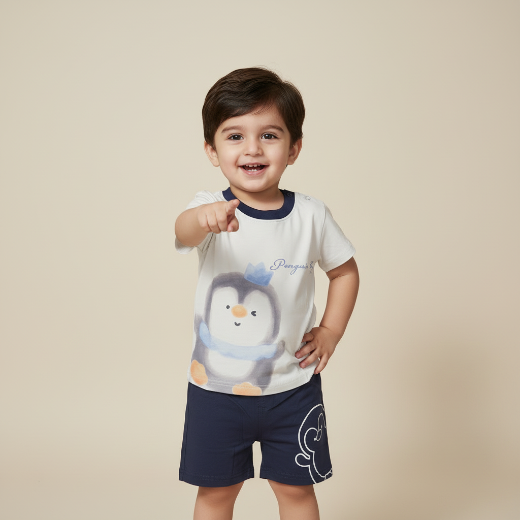 Boys Penguin 2-Piece Set - Cute Printed Shirt & Shorts for Toddlers 12M-4Y